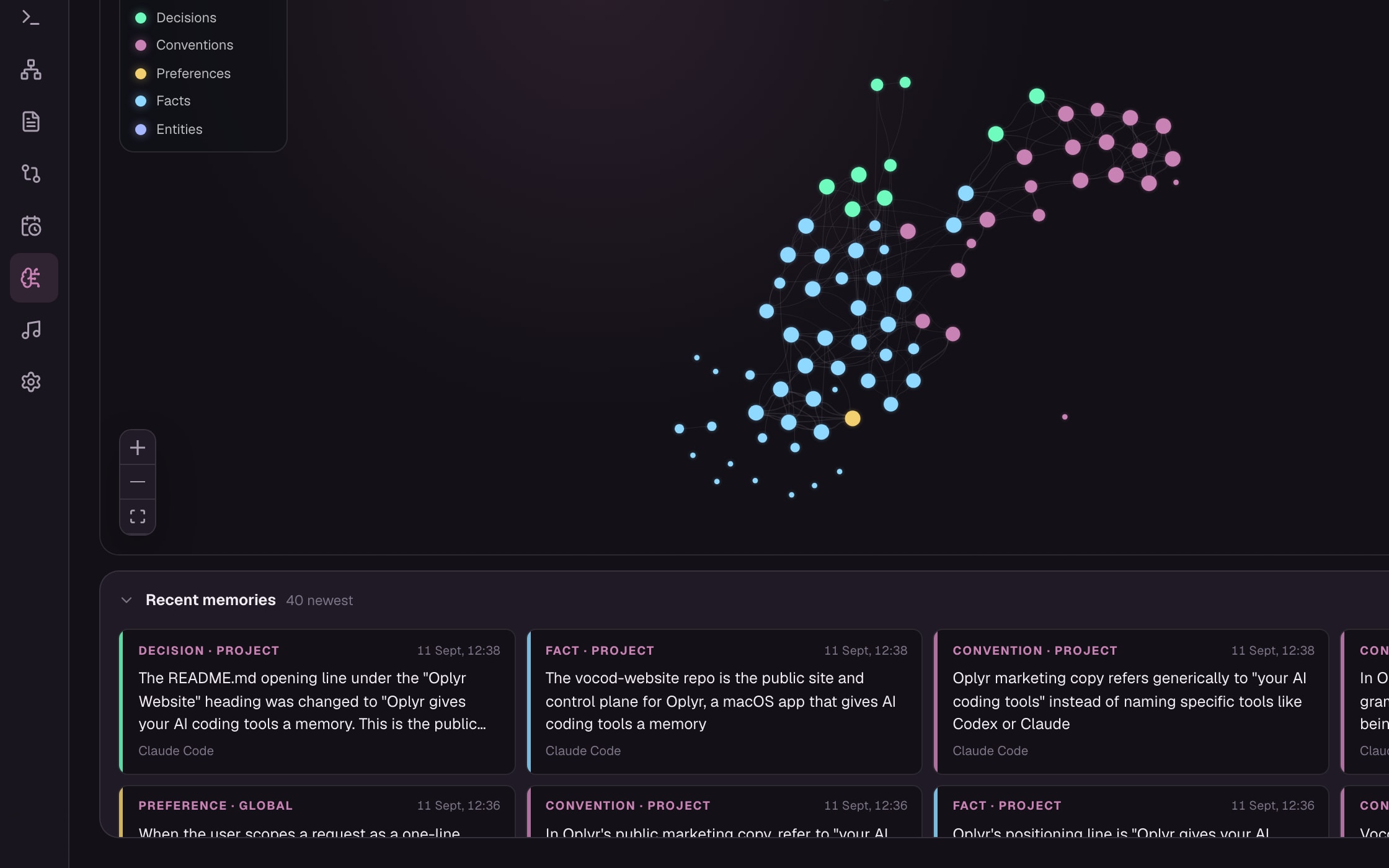 A closer look at recent memories captured by Oplyr, each attributed to Claude Code, about the project’s copy rules